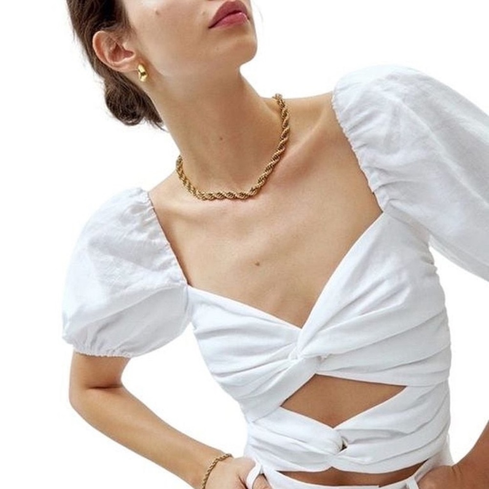 Reformation White Puff-Sleeve Twist Crop Top